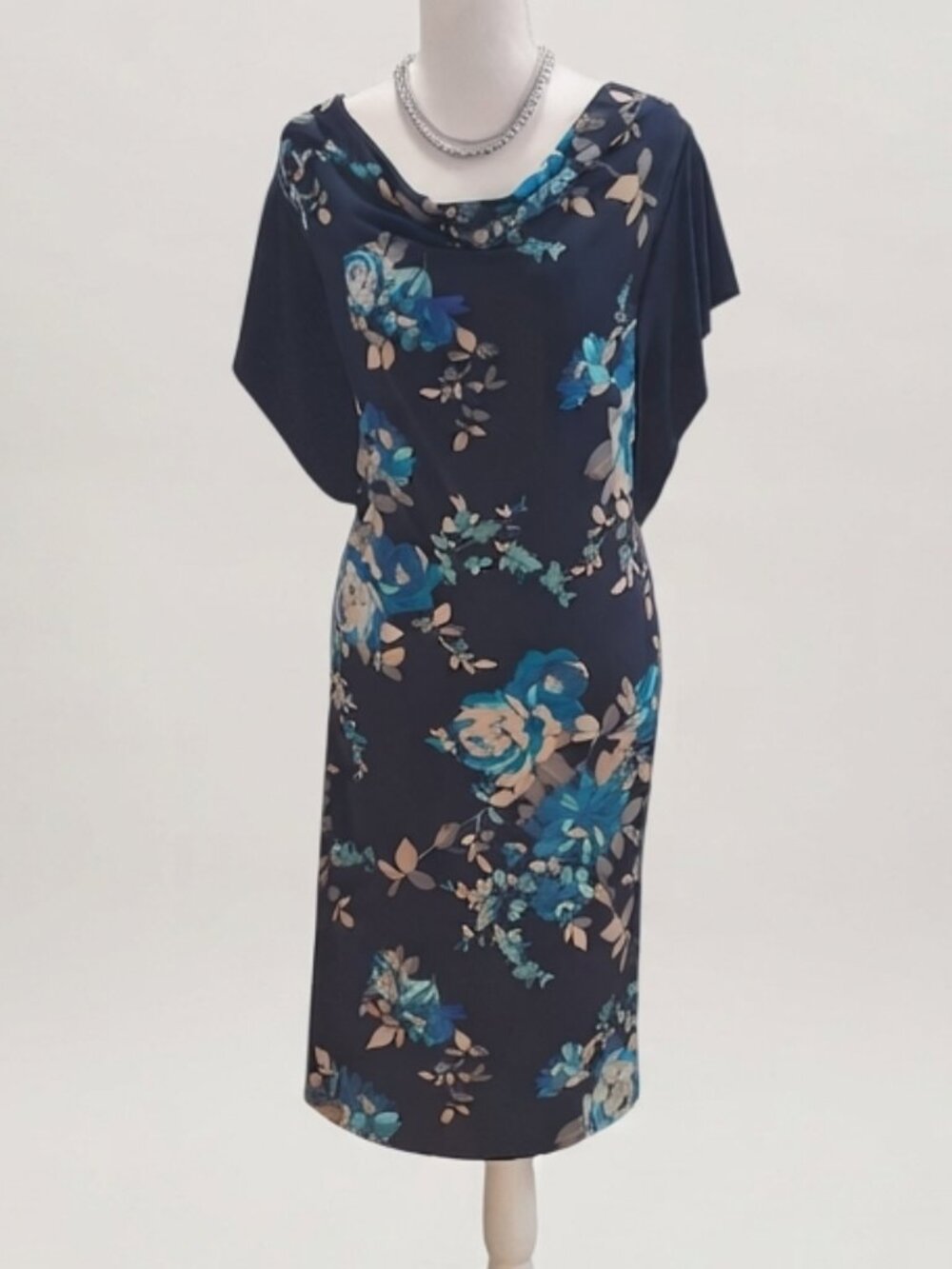 EVENING DRESS Jaclyn Smith Floral Navy Blue Cowl Neck Chiffon Overlay M
